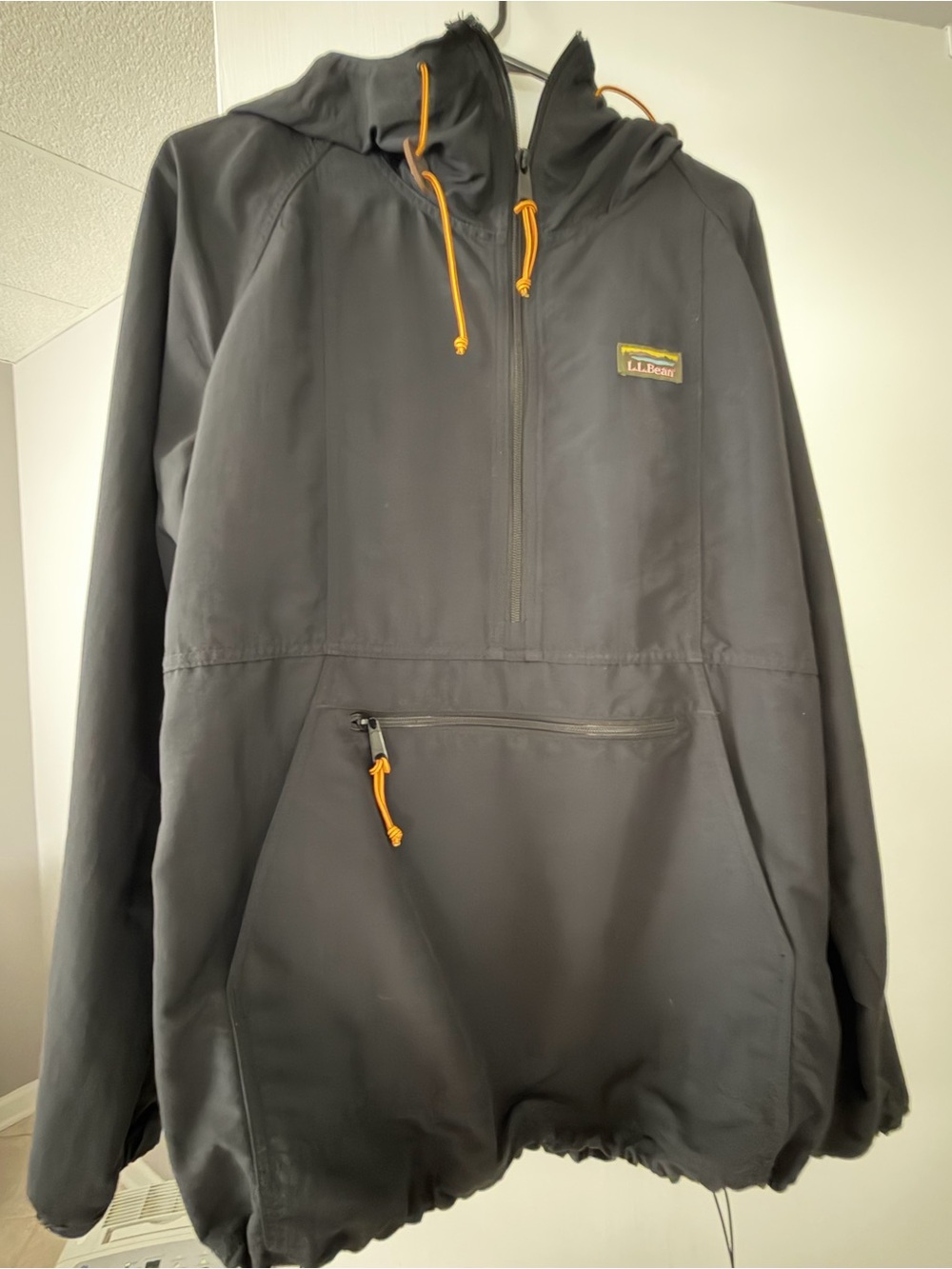 L.L. Bean Black Hooded Windbreaker with Orange Drawcords